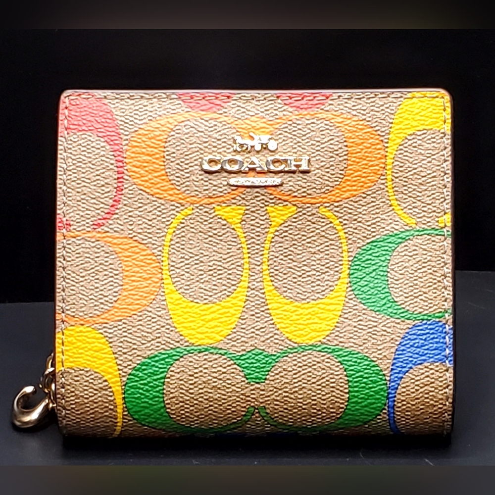 Womens Coach Snap Wallet In Rainbow Signature Canvas with zipper